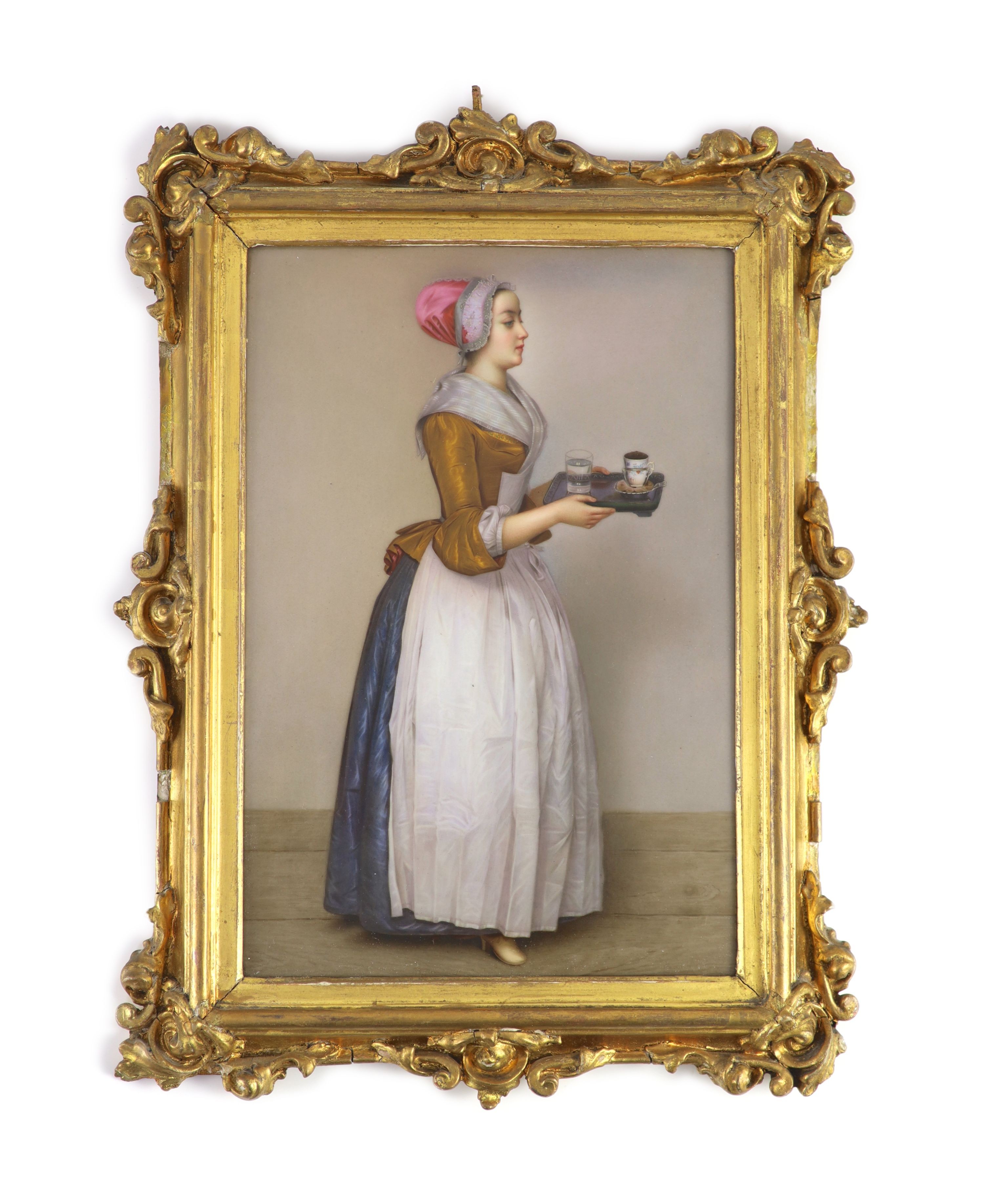 A KPM Berlin porcelain plaque painted with ‘The Chocolatier’ after Jean-Etienne Liotard, late 19th century, Porcelain 23.2cm x 15.8cm, in a gilt frame